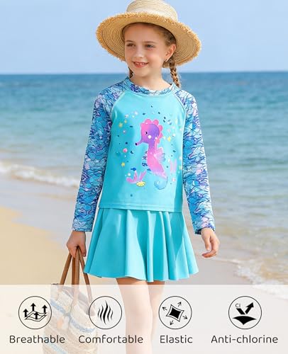 Image of Idgreatim Girls Swimsuit Rash Guard Set Long Sleeve Two Piece Bathing Suit 3-10 Years