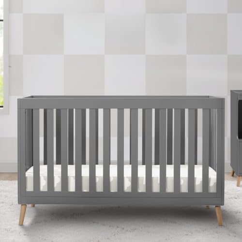 Image of Delta Children Essex 4-in-1 Baby Crib & Mattress, Grey /Natural | 2-Piece Nursery Furniture Set Includes 4-in-1 Convertible Crib + Waterproof Crib Mattress, GREENGUARD Gold Certified