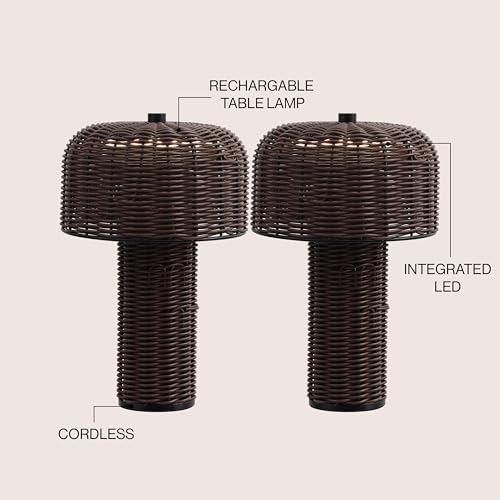 Image of JONATHAN Y 10 inch Dark Brown /Black Modern Scandinavian Faux Wicker Rechargeable Table Lamp Set of 2, Cordless Dimmable Integrated LED Lantern for Indoor /Outdoor Patio, Woven Shade JYL7155A-SET2