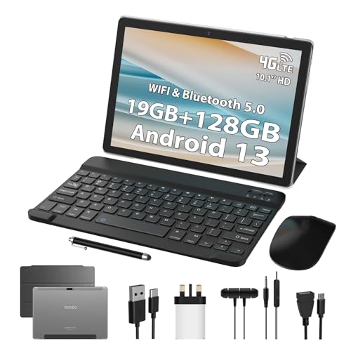 TOSCiDO Android 13 Tablet,10 Inch 19GB RAM+128GB ROM (TF 1TB) Octa-Core, 4G LTE, 2.4G /5G WIFI, BT5.0,Dual Camera, 8000mAh,Google GMS Certified Tablet With |Case|Mouse| Keyboard |Earphone|Stylus|Gray