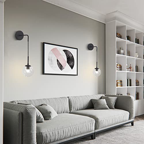 Image of KCO Lighting Black Globe Wall Sconce Set of 2 Mid Century Modern Wall Light with Clear Glass Shade Vintage Adjustable Wall Lamp for Bathroom Mirror Bedside Stairs (Clear)