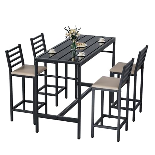 Jinrrenyi 5 Piece Outdoor Patio Bar Set, 54.7" Rectangular Counter Height High Top Bar Tables, 4 Cushioned 41" Bar Stools, Metal Bar Table and Chairs Set for Poolside, Balcony, Backyard, Porch
