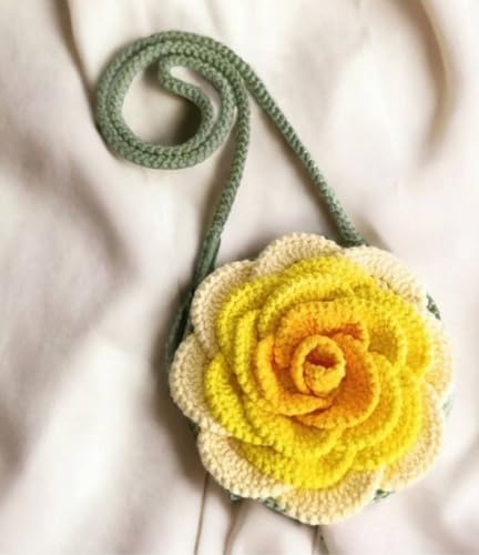 Image of Handmade Crochet Rose Sling Bag, Yellow Orange Cream Flower Crossbody Purse with Green Strap, Cute Party Bag for Kids Teens Adults
