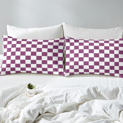 Image of Erosebridal Girls Purple Checkered Sheet Set White Lavender Buffalo Plaid Grid Bed Sheets Twin,Checkerboard Bedding for Kids Teen Women Geometrical Gingham Bed Sheet Set 3 Piece