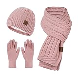 ビーニー帽 イヤーマフ ストッキングセット ソフトハット マフラーと手袋セット レディース ガールズ 外出用品 (色 : ピンク, Size : One size)