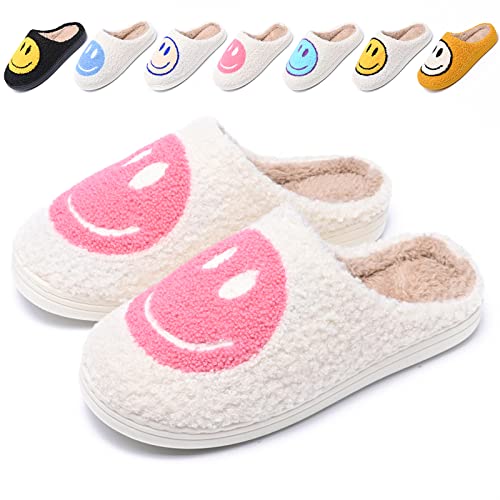 soofylia Cute Smile Face Slippers for Women and Men, Soft Plush Comfy Warm Couple Slip-On House Happy Face Slippers For Winter, Non-Slip Fuzzy Flat Slides in Grey