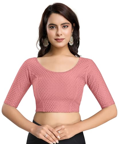 Image of TRENDMALLS Women's Dobby Pure Cotton Elastin Stretchable Readymade Round Neck Elbow Length Sleeves Blouse Choli Stylish Saree Blouse Ready to Wear