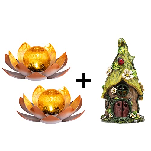 Aiiny Solar Light Outdoor 2 Pack Orange Crackle Globe Glass Lotus Flower Lights And Gnome Fairy House Statues Green Tree Solar Powered Led Outdoor Decor Garden Light #TOP1