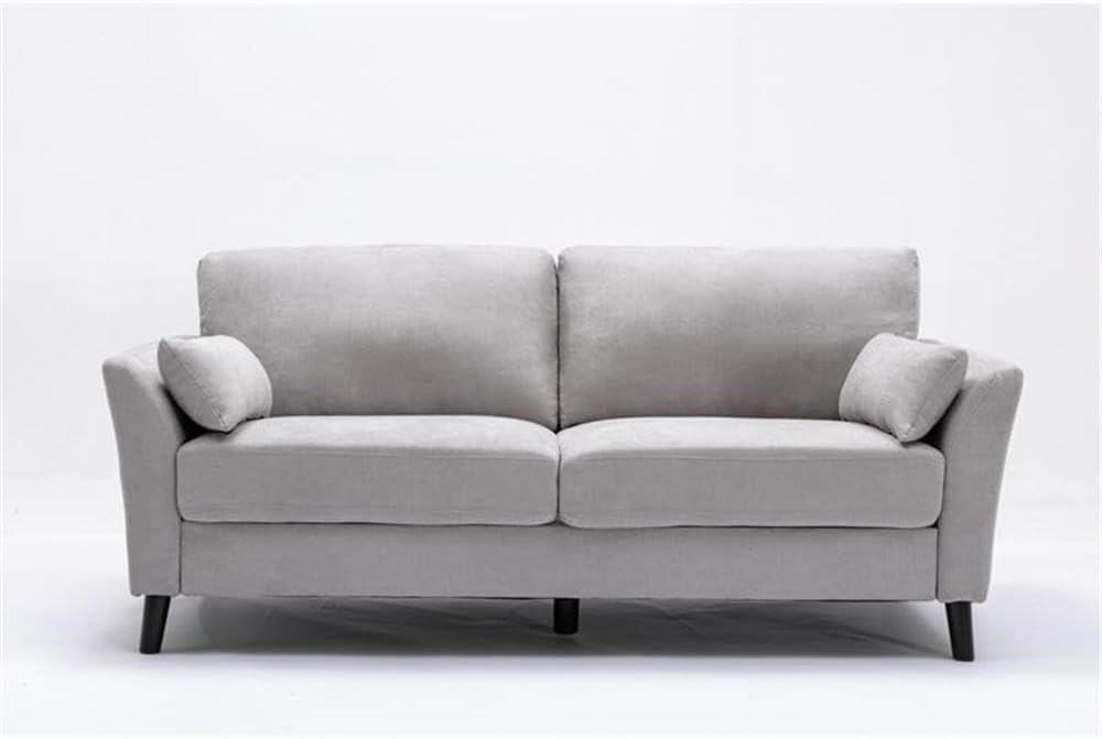 Pemberly Row Light Gray Woven Fabric Sofa, Pocket Coil Seating, Removable Back Cushion, Solid Wood Legs with Dark Brown Finish, 2 Accent Pillows Included, Modern Living Room Seating