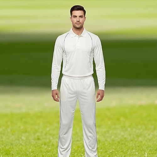 REINDEER Men\'s Cricket Full Sleeve Jersey and Pant Set, White Polyester, Athletic Fit with Blue Piping, Professional Sports Uniform(38)