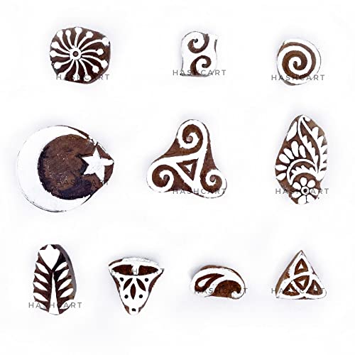 Image of Hashcart | Set of 10 | Handmade Wooden Multi Design Blocks for Scrapbooking, Wooden Stamps for Project Designing Fabric Textile Clay Pottery Craft Tattoo