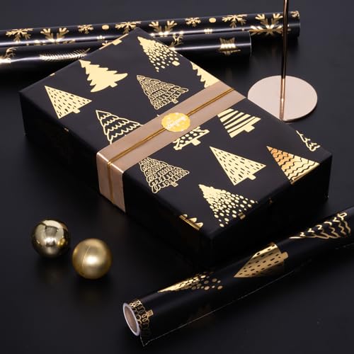Toptime Christmas Wrapping Paper Roll, 3 Black Gold Wrapping Paper 43cmx3m with Gift Ribbon Stickers - Image 3
