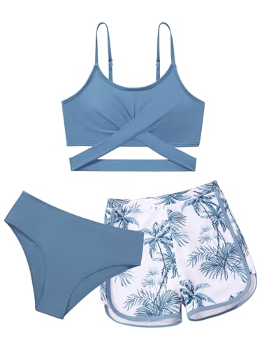 Image of Girl's 3 Piece Bikini Set Cross Strap Swimsuits for Girls Bathing Suit with Shorts Teen Swimwear Swimming Suit