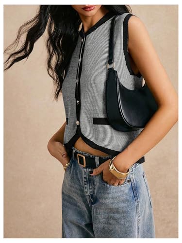 Image of GORGLITTER Women's Striped Button Up Cropped Sweater Vest Sleeveless Knit Vest Tops 2025 Trendy Outfits