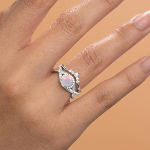 S925 Sterling Silver 1.5 Carat (ctw) White Opal Wedding Ring Sets for Women Halo Opal Bridal Set Round Cut Engagement Ring Sets for Her3