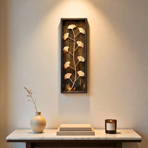 Image of DSH Leaf Wall Art Panels Modern Rustic Home Decor Wall Hanging Sculpture for Living Room, Bedroom & Office (45X15 CM) Decoration Item (Ginkgo Leaf, 1 Frame)