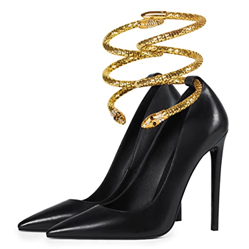 FSJ Women's Sexy High Heels Pointed Toe Stilletos Pumps with Gold Metal Snake Spiral Around The Ankle Heeled Dress Party Pumps Shoes Size 4-15 US