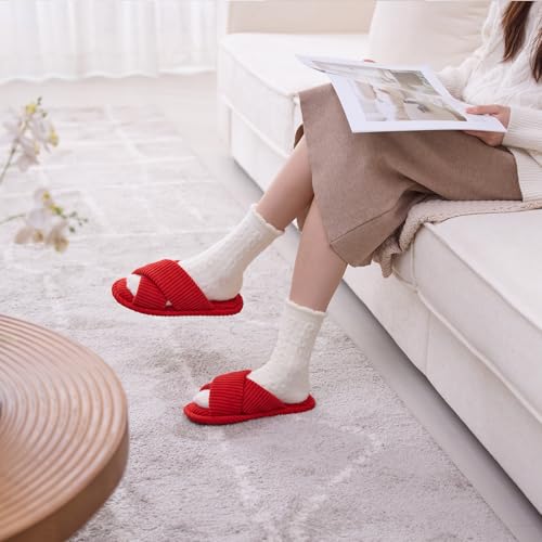 Image of GOEWY House Slippers for Women Fuzzy Womens Slippers Indoor Outdoor Open Toe With Cross Band Corduroy Memory Foam Warm Gifts for Woman Size 7 8.5 Red