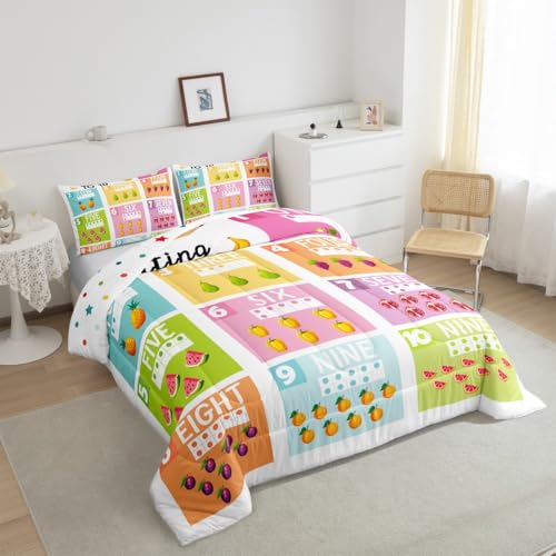 Image of Feelyou Kids Numbers Duvet Insert Full Size, Educational Comforter Set Boys Girls for Fruits Bedding Set Learning Teens Bedroom Decor with 2 Pillow Case