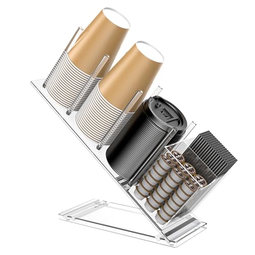 Acrylic Cup and Lid Holder with Straw Organizer Adjustable Coffee Cup Holder Organizer 5 Compartment Cup Dispenser for Disposable Paper & Plastic Cups for Station Home Countertop(Patent in Effect)