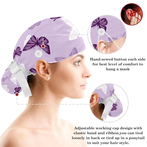 Image of Butterfly Scrub Cap Women with Ponytail & Buttons Adjustable Surgical Nurse Hat with Cotton Sweatband for Long Hair