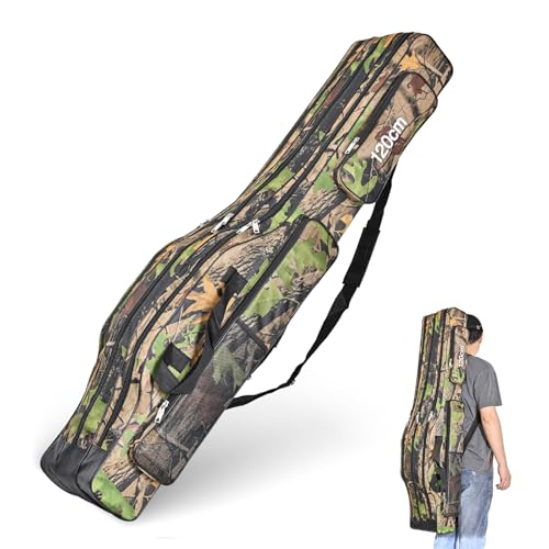 LEOFISHING Portable 3 Layers Fishing Pole Bag Durable Oxford Folding Fishing Rod Reel Carry Case Tackle Storage Bag Case Waterproof Camouflage Travel Fishing Carrier (Yellow Camouflage, 120cm/47in)