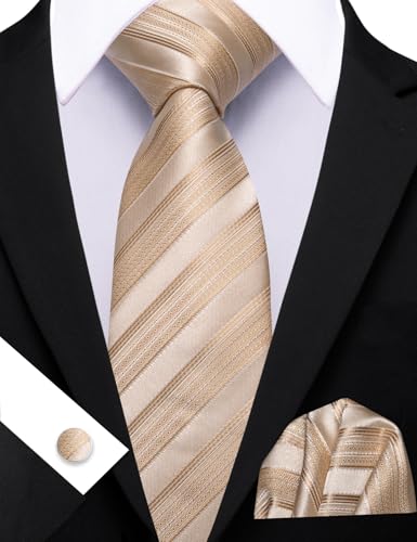 Image of Barry.Wang Tie Sets for Men Silk Stripe Necktie Woven Checkered Handkerchief Cufflinks Formal Business Wedding