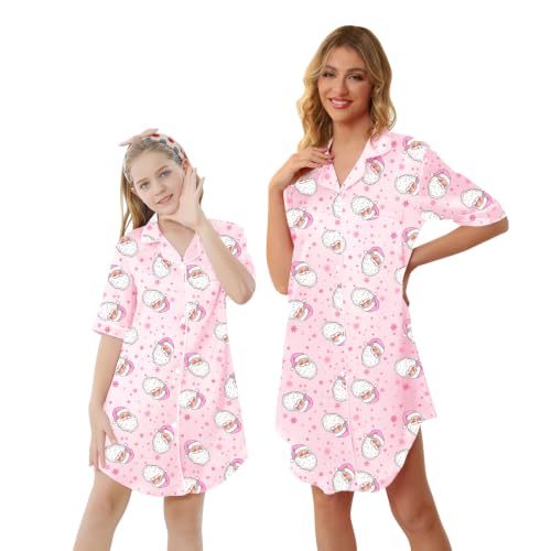 Image of Schbbbta Girls & Women Silk Nightgown, Short Sleeve Button Down Satin Nightshirt Pajama House Dress, 3 Years- Women 2XL