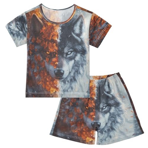 ALAZA Wolf Maple Leaf Fall Winter Pajamas Set Short Sleeve Cotton Sleepwear Summer Pjs 2 Piece 5-14Y