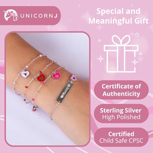 Image of UNICORNJ Sterling Silver 925 Engravable ID Bracelet Rolo Chain for Girls Heart with Pink Enamel 6.5 inch