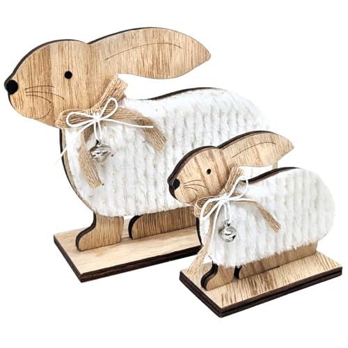 com-four® 2X Figura decorativa com suporte - coelho da Páscoa grande e pequeno com laço e sino, decoração de Páscoa de madeira para colocar (Set02 - família dos coelhos)