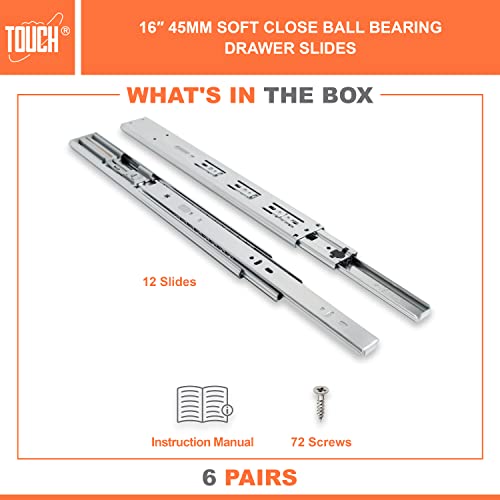 TOUCH Drawer Slides (6 Pairs, 16 Inch 400mm) Soft Close Side Mount Ball Bearing 3 Folds Metal Rails Track Guide Glides Runners Heavy Duty Drawer Dresser Kitchen, 100 LB Capacity
