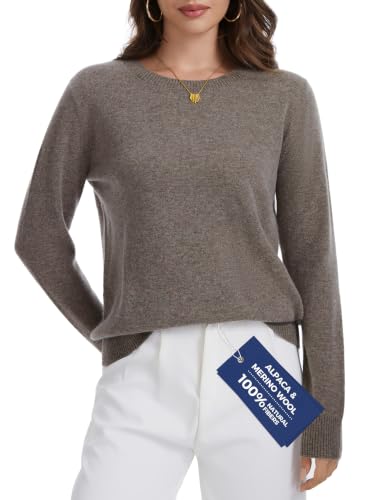 Image of ACUSHLA Women Cashmere Merino Wool Sweaters Long Sleeve Winter Tops,Brown M
