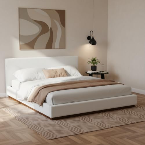 Image of Merax King Size Boucle Upholstered Bed Frame with Thick Headboard, Minimalism White Upholstery Platform Bed for Bedroom, Apartment, Solid Wooden Slats Support, No Box Spring Needed, Low Profile Design