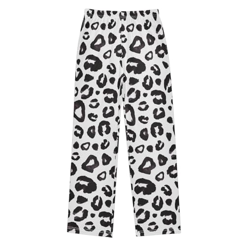 ZZXXB Black and White Leopard Print Boys Long Pants Soft Trousers Elastic Waist Kids Lounge Bottoms with Pockets S-XL