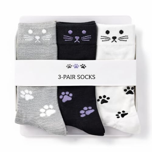 Towelogy Cat Socks Womens 4-7 | Cute Novelty Breathable Animal Socks for Women | Cotton Rich Crew Length Paw Patterned Ladies Girls Kitten Socks (3 Set B)