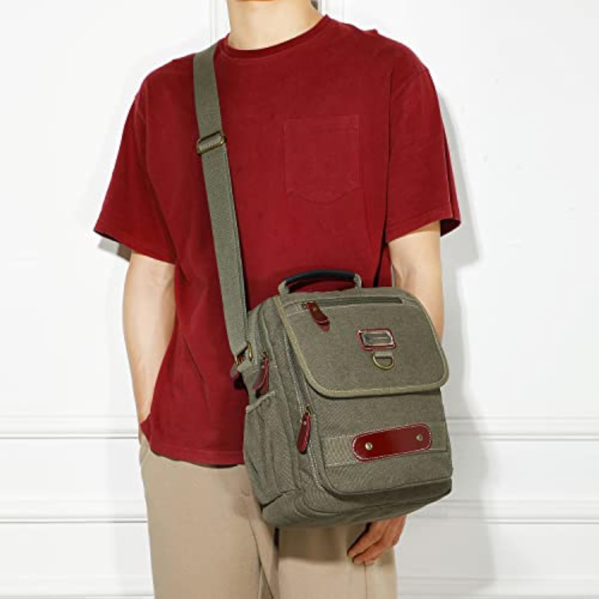 Small Canvas Messenger Bag with Water Bottle Pocket