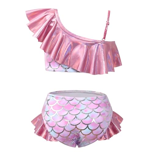 Image of CHILDRENSTAR Girls Metallic Bathing Suits Shiny Ruffles One Shoulder 2 Pieces Swimsuits Cute Bikini Set