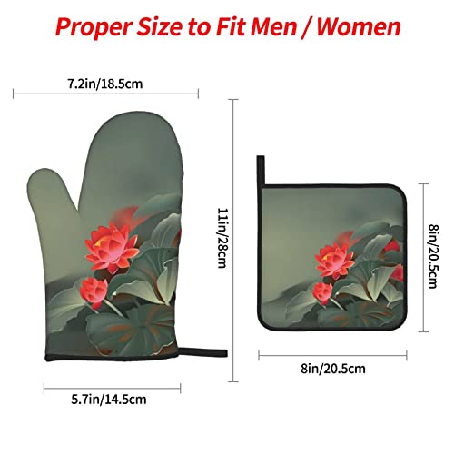 Lotus Flower And Dragonfly Print Oven Gloves, Heat Resistant Oven Mitts And Pot Holders,Grilling, Kitchens, Baking,Cooking (4-Piece Sets) #TOP1