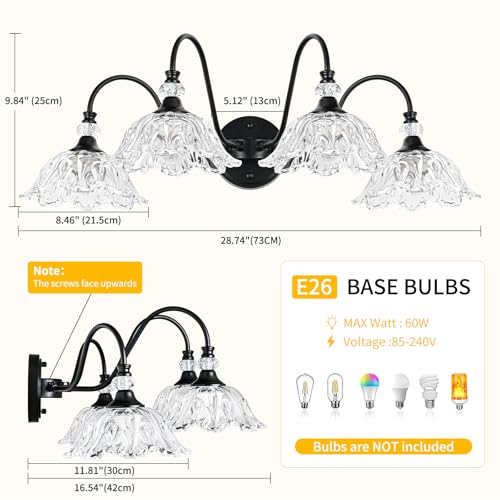 Image of 4-Light Matte Black Bathroom Vanity Light, Farmhouse Vanity Light with Floral Clear Glass Shades, Vintage Wall Mount Lighting for Bathroom