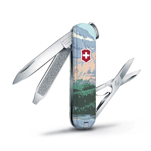 Image of Victorinox Classic SD Swiss Army Knife, Glacier National Park | 7-Function Swiss Mini Knife, Small Blade, Nail File, Screwdriver, Key Ring, Swiss Made, Compact EDC for Keys and Bags