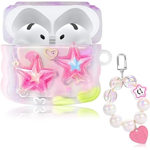 Cute Cases for AirPod 4 with Love Pendant Colorful Round Bead Keychain, Glitter 3D Stars Design Soft Protective Cover for AirPods 4th Generation 2024 Released Cover