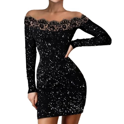 Hanaoops Glitzer Kleid Damen Langärmeliges Schulterfreies Mini Kleider Elegantes Pailletten Bodycon Partykleid Kurzes Party Club Kleid Moden...