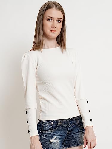 Image of POPWINGS Casual Solid Puff Button Long Sleeves Top for Women || Summer Round Neck Stylish Western Top for Jeans