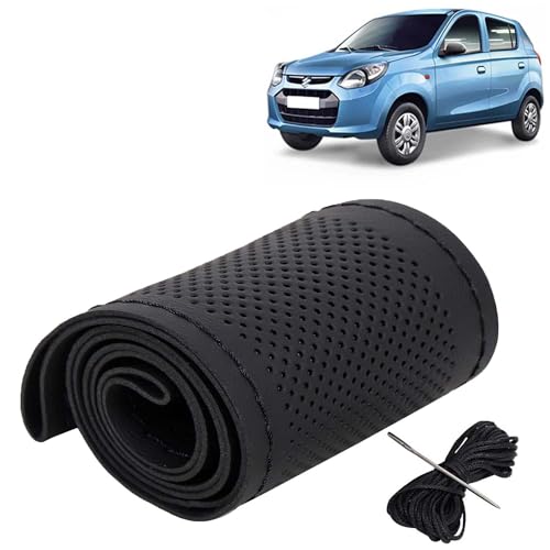 Image of KINGSWAY PU Leatherite Car Steering Cover Sewable Compatible with Maruti Suzuki Alto (Year 2012 Onwards), Black Color with Black Thread, Pack of 1 with Sewing Needle and Thread