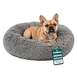 Furhaven 30' Round Calming Donut Dog Bed for Medium/Small Dogs, Refillable w/ Removable Washable Cover, For Dogs Up to 45 lbs - Shaggy Plush Long Faux Fur Donut Bed - Gray, Medium
