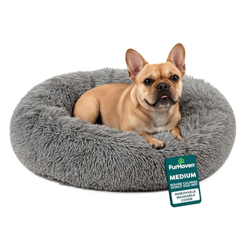 Furhaven 30" Round Calming Donut Dog Bed for Medium/Small Dogs, Refillable w/ Removable Washable Cover, For Dogs Up to 45 lbs - Shaggy Plush Long Faux Fur Donut Bed - Gray, Medium by Furhaven - Used condition - US$35.10
