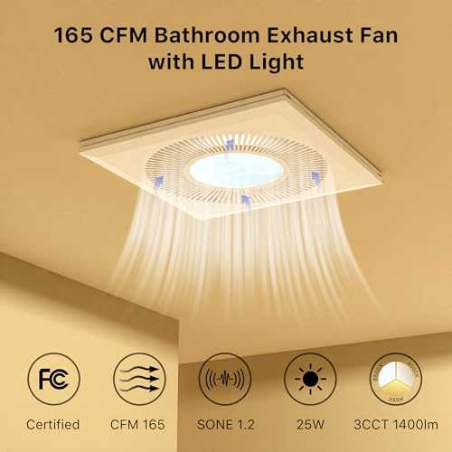FWASTT Bathroom 12IN Exhaust Fan with Light 165CFM 3CCT Shower Bathroom Vent Fan with 1400lm Led Light Combo Quiet 1.2 Sones Bath Ceiling Vent with Adjustable Led Light (6500k Ivory White) by FWASTT - Used condition - Image 2