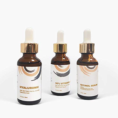 3 Piece Anti-Aging and Facial Serum Set with Retinol, Vitamin C, Hyaluronic Acid, Revitalizing and Hydrating Retinol Face Serum Set