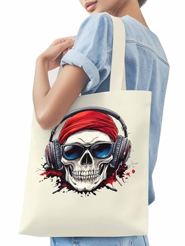Canvas Tote Bag Funny Skull With Headphones Reusable Grocery Shopping Bag,Shoulder Tote Bags for Women Travel Work Gym3
